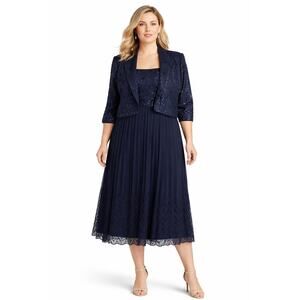 2000s R&M Richards Navy Pleated Dress Bolero Set 18W